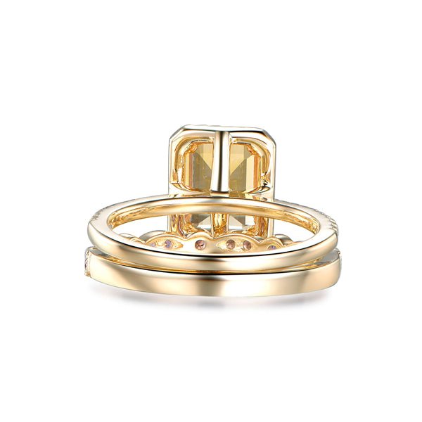 Emerald Cut Citrine Diamond Halo Ring Art Deco Amethyst Band Bridal Set - Lord of Gem Rings