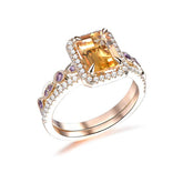 Emerald Cut Citrine Diamond Halo Ring Art Deco Amethyst Band Bridal Set - Lord of Gem Rings