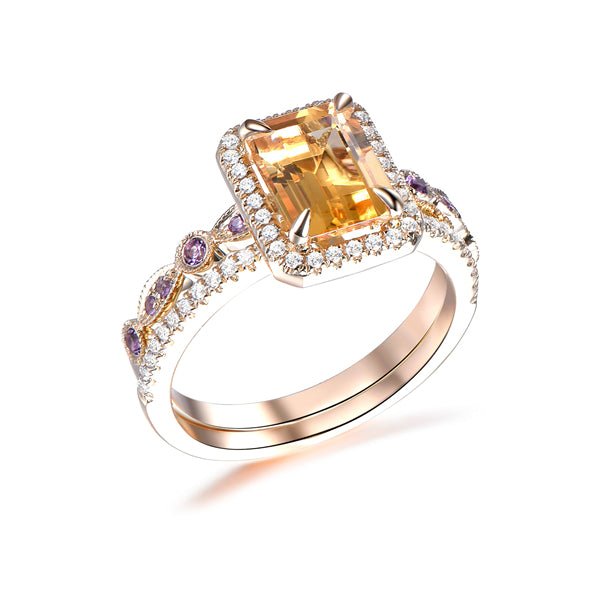 Emerald Cut Citrine Diamond Halo Ring Art Deco Amethyst Band Bridal Set - Lord of Gem Rings