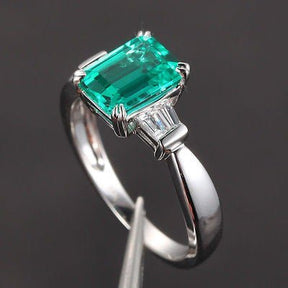 Emerald Cut Emerald Baguette Diamond Engagement Ring 14K White Gold - Lord of Gem Rings