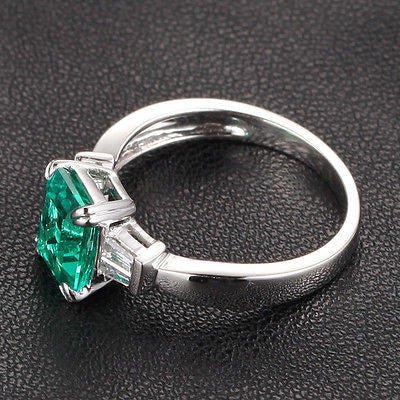 Emerald Cut Emerald Baguette Diamond Engagement Ring 14K White Gold - Lord of Gem Rings