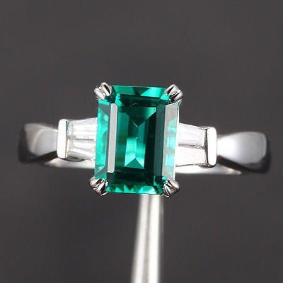 Emerald Cut Emerald Baguette Diamond Engagement Ring 14K White Gold - Lord of Gem Rings