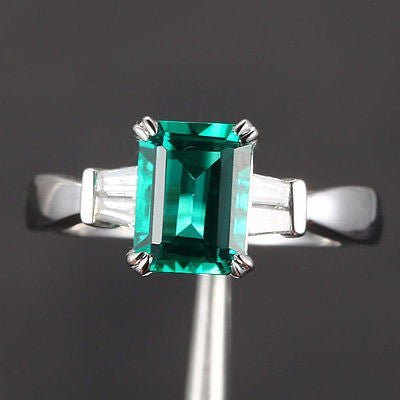 Emerald Cut Emerald Baguette Diamond Engagement Ring 14K White Gold