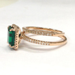 Emerald Cut Emerald Diamond Bridal Set 14K Rose Gold - Lord of Gem Rings