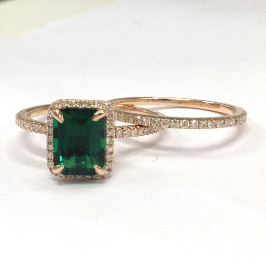 Emerald Cut Emerald Diamond Bridal Set 14K Rose Gold