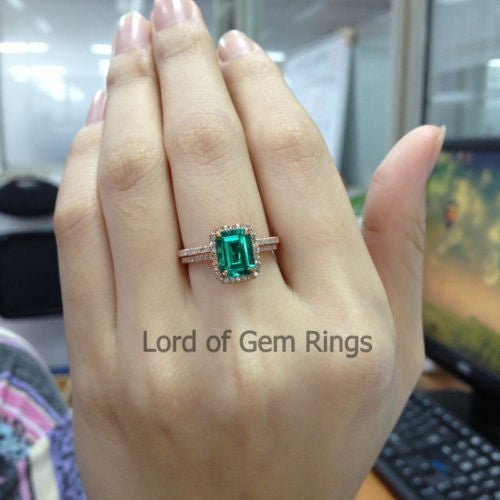 Emerald Cut Emerald Diamond Bridal Set 14K Rose Gold - Lord of Gem Rings