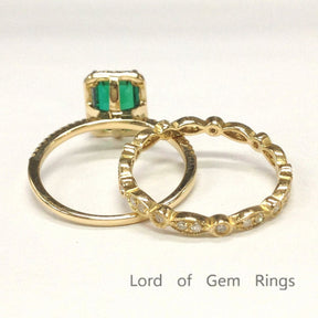 Emerald Cut Emerald Ring Art Deco Diamond Eternity Band Bridal Set - Lord of Gem Rings