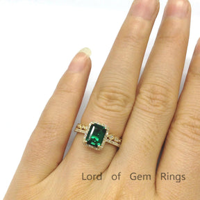Emerald Cut Emerald Ring Art Deco Diamond Eternity Band Bridal Set - Lord of Gem Rings