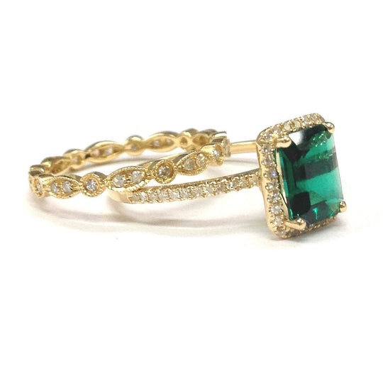 Emerald Cut Emerald Ring Art Deco Diamond Eternity Band Bridal Set