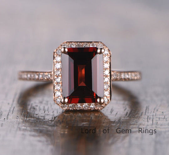 Emerald Cut Garnet Cathedral Diamonds Halo Ring