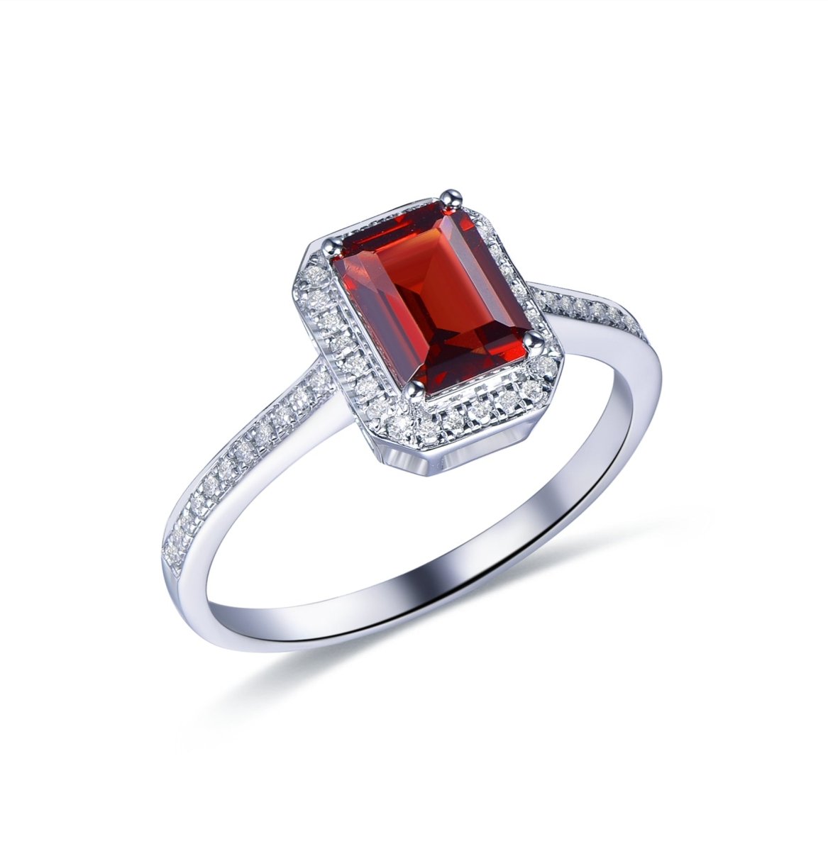 Emerald Cut Garnet Cathedral Diamonds Halo Ring - Lord of Gem Rings