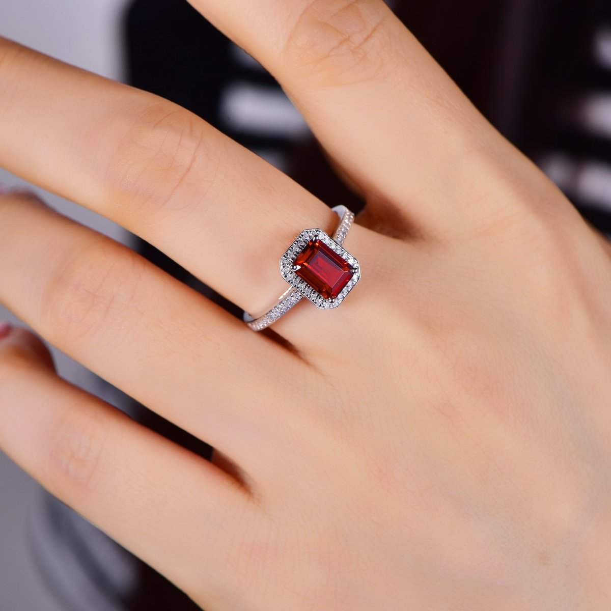 Emerald Cut Garnet Cathedral Diamonds Halo Ring - Lord of Gem Rings
