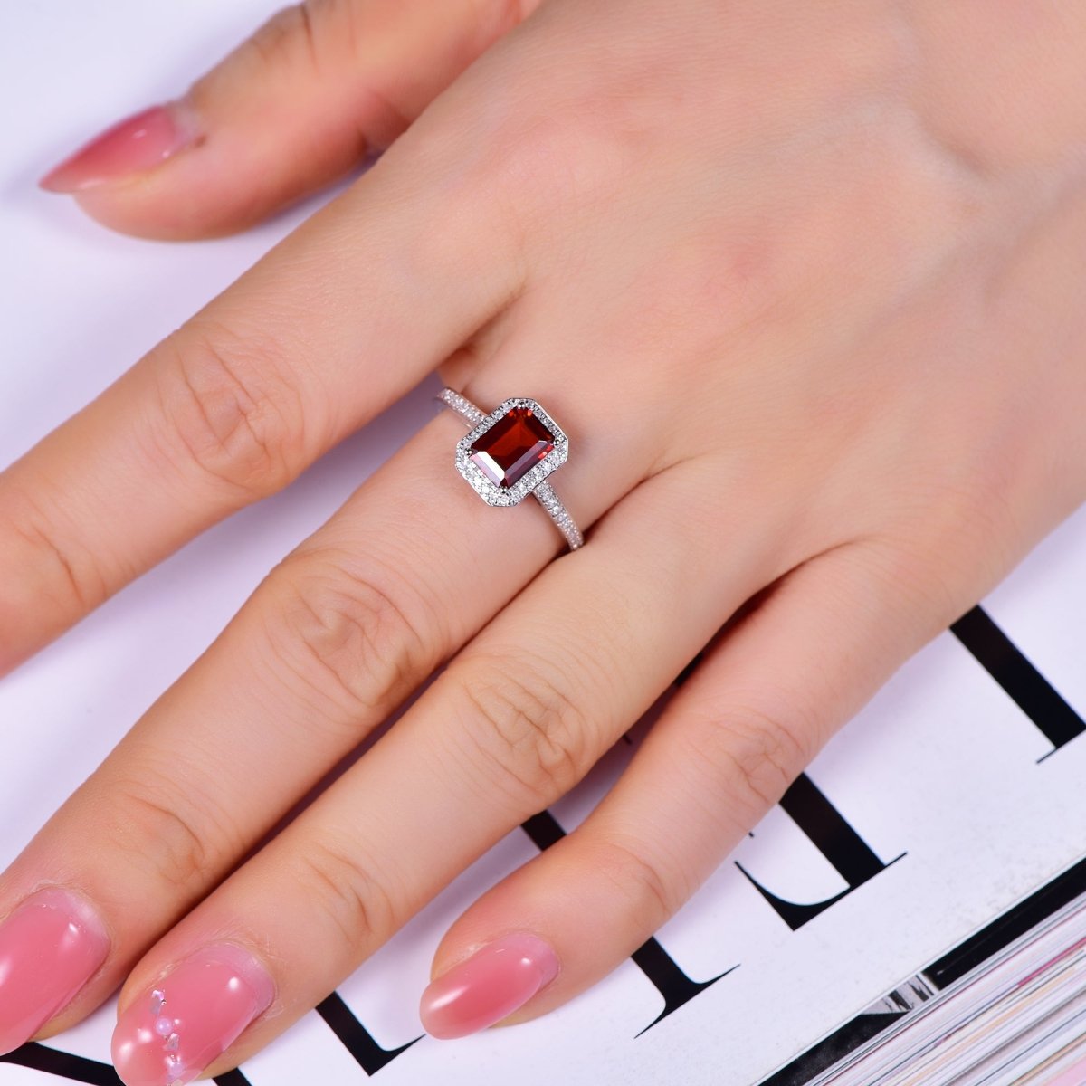 Emerald Cut Garnet Cathedral Diamonds Halo Ring - Lord of Gem Rings