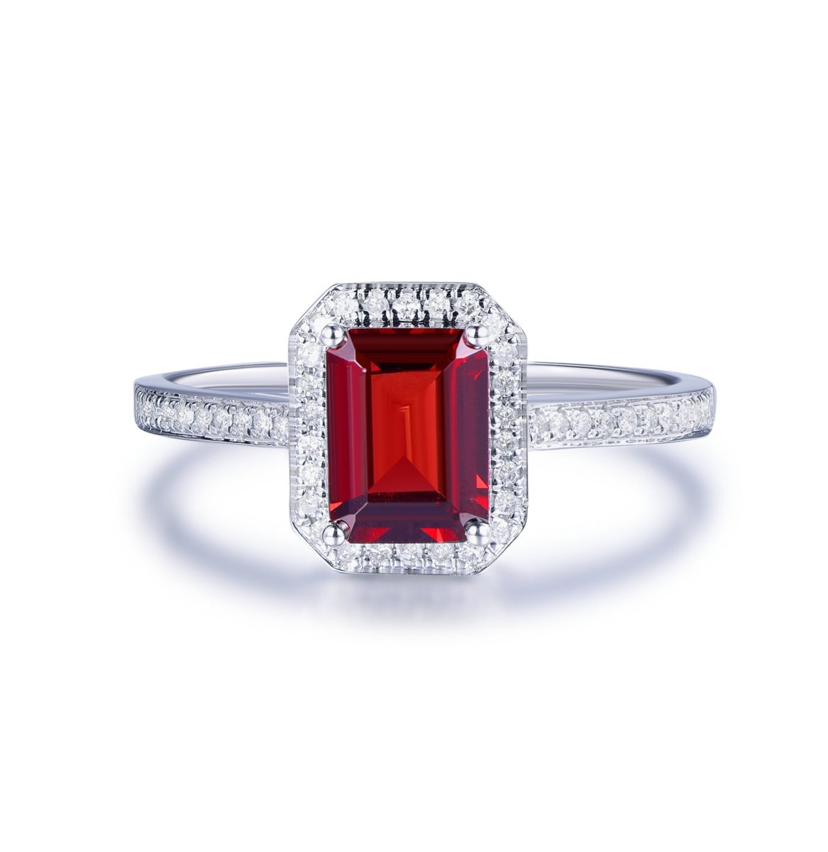 Emerald Cut Garnet Cathedral Diamonds Halo Ring - Lord of Gem Rings