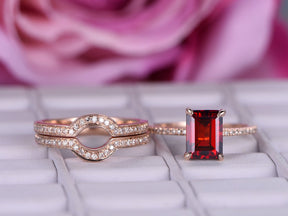 Emerald Cut Garnet Contour Diamond Trio Bridal Set 14K Rose Gold - Lord of Gem Rings