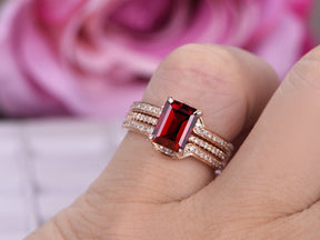 Emerald Cut Garnet Contour Diamond Trio Bridal Set 14K Rose Gold - Lord of Gem Rings