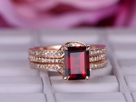 Emerald Cut Garnet Contour Diamond Trio Bridal Set 14K Rose Gold