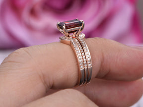 Emerald Cut Garnet Contour Diamond Trio Bridal Set 14K Rose Gold - Lord of Gem Rings