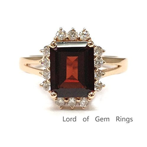 Emerald Cut Garnet Prong-Set Diamond Halo Split Shank Ring - Lord of Gem Rings