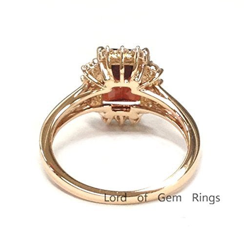 Emerald Cut Garnet Prong-Set Diamond Halo Split Shank Ring - Lord of Gem Rings