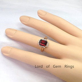 Emerald Cut Garnet Prong-Set Diamond Halo Split Shank Ring - Lord of Gem Rings