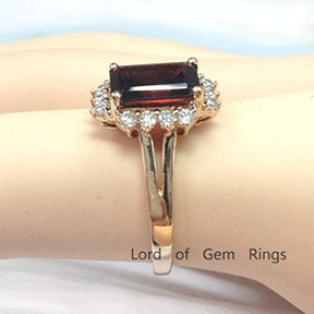 Emerald Cut Garnet Prong-Set Diamond Halo Split Shank Ring - Lord of Gem Rings