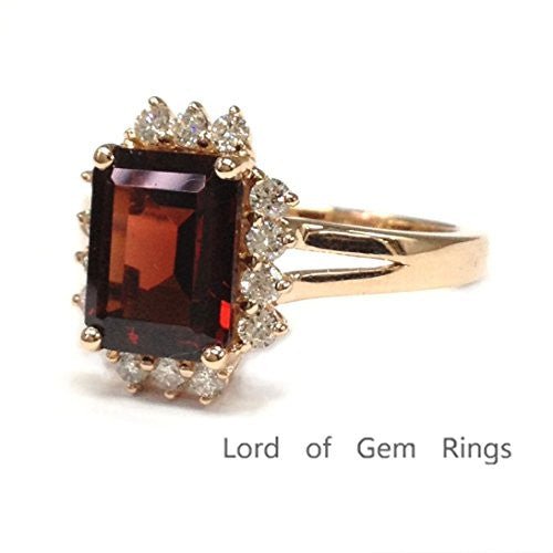 Emerald Cut Garnet Prong-Set Diamond Halo Split Shank Ring - Lord of Gem Rings