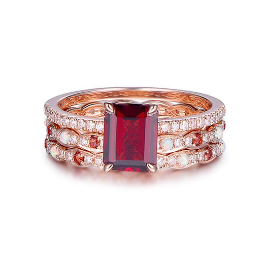 Emerald Cut Garnet Ring Opal/Garnet Matching Bands Bridal Trio Set