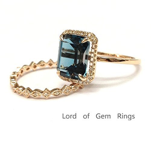 Emerald Cut London Blue topaz Art Deco Diamond Band Bridal Set - Lord of Gem Rings