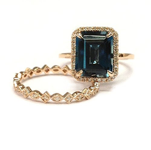 Emerald Cut London Blue topaz Art Deco Diamond Band Bridal Set