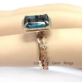 Emerald Cut London Blue topaz Art Deco Diamond Band Bridal Set - Lord of Gem Rings