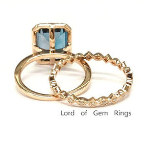 Emerald Cut London Blue topaz Art Deco Diamond Band Bridal Set - Lord of Gem Rings