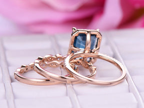 Emerald Cut London Blue Topaz Art Deco Trio Bridal Set 14K Rose Gold - Lord of Gem Rings