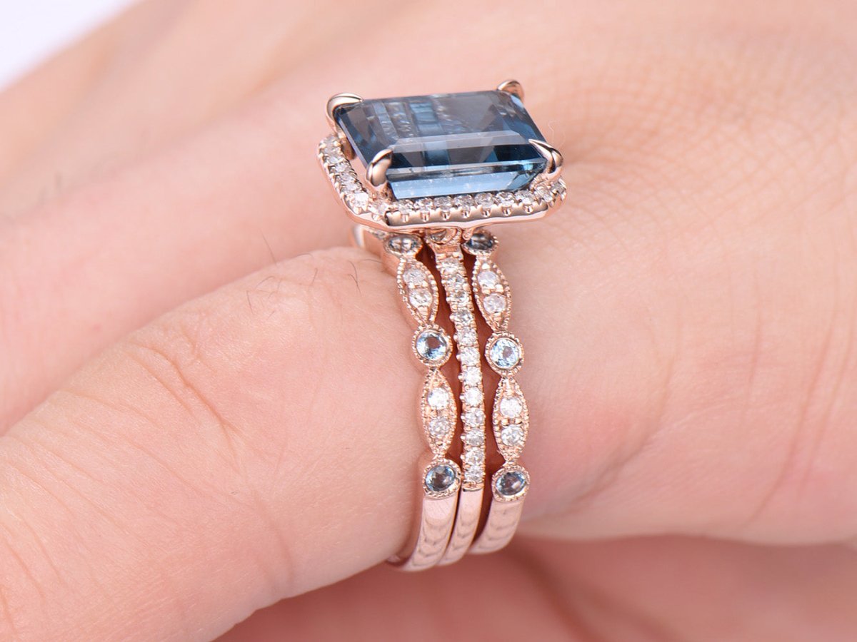 Emerald Cut London Blue Topaz Art Deco Trio Bridal Set 14K Rose Gold - Lord of Gem Rings