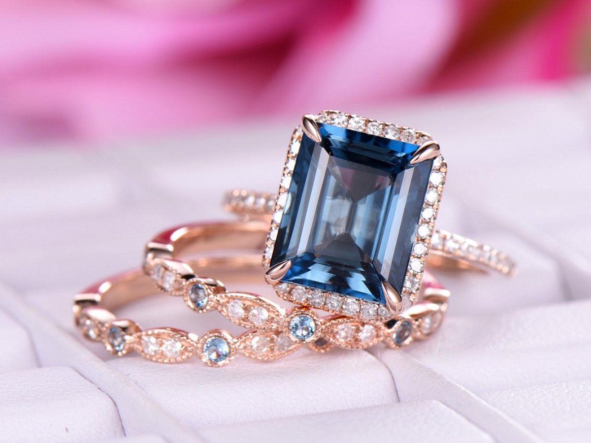Emerald Cut London Blue Topaz Art Deco Trio Bridal Set 14K Rose Gold - Lord of Gem Rings