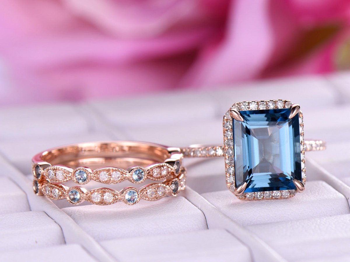 Emerald Cut London Blue Topaz Art Deco Trio Bridal Set 14K Rose Gold - Lord of Gem Rings