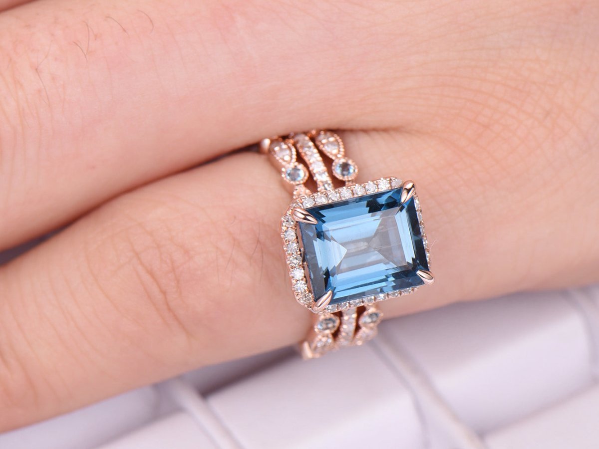 Emerald Cut London Blue Topaz Art Deco Trio Bridal Set 14K Rose Gold - Lord of Gem Rings