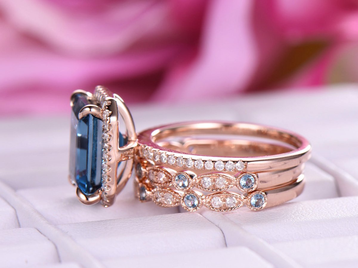 Emerald Cut London Blue Topaz Ring Trio Set Art Deco Band