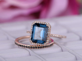 Emerald Cut London Blue Topaz Black Diamond Bridal Set 14K Rose Gold - Lord of Gem Rings