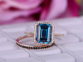 Emerald Cut London Blue Topaz Black Diamond Bridal Set 14K Rose Gold - Lord of Gem Rings