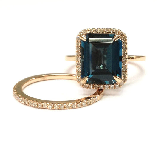 Emerald Cut London Blue Topaz Diamond Bridal Set 14K Rose Gold
