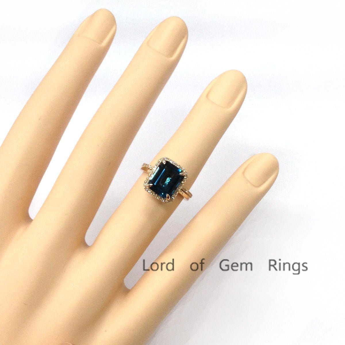 Emerald Cut London Blue Topaz Diamond Bridal Set 14K Rose Gold - Lord of Gem Rings