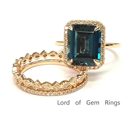 Emerald Cut London Blue Topaz Diamond Trio Bridal Set 14K Rose Gold