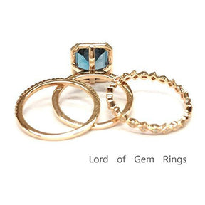 Emerald Cut London Blue Topaz Diamond Trio Bridal Set 14K Rose Gold - Lord of Gem Rings
