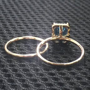 Emerald Cut London Blue Topaz Emerald Halo Bridal Ring Set 14K Rose Gold - Lord of Gem Rings