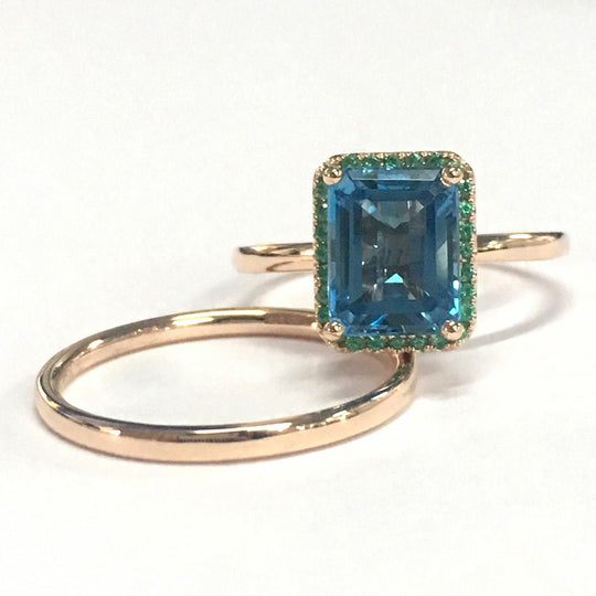 Emerald Cut London Blue Topaz Emerald Halo Bridal Ring Set 14K Rose Gold