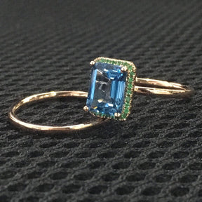 Emerald Cut London Blue Topaz Emerald Halo Bridal Ring Set 14K Rose Gold - Lord of Gem Rings
