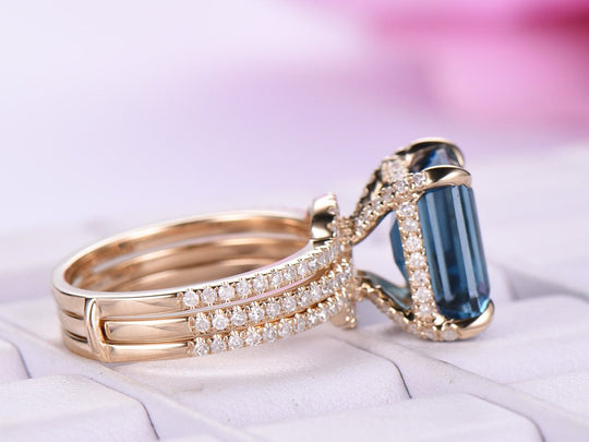 Emerald Cut London Blue Topaz Hidden Halo Forever Together Bridal Set