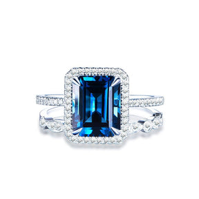 Emerald Cut London Blue Topaz Ring Art Deco Diamond Band Bridal Set - Lord of Gem Rings