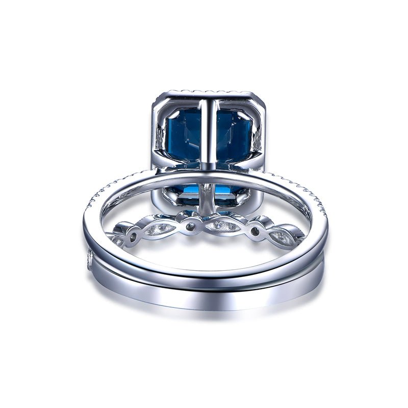 Emerald Cut London Blue Topaz Ring Art Deco Diamond Band Bridal Set - Lord of Gem Rings